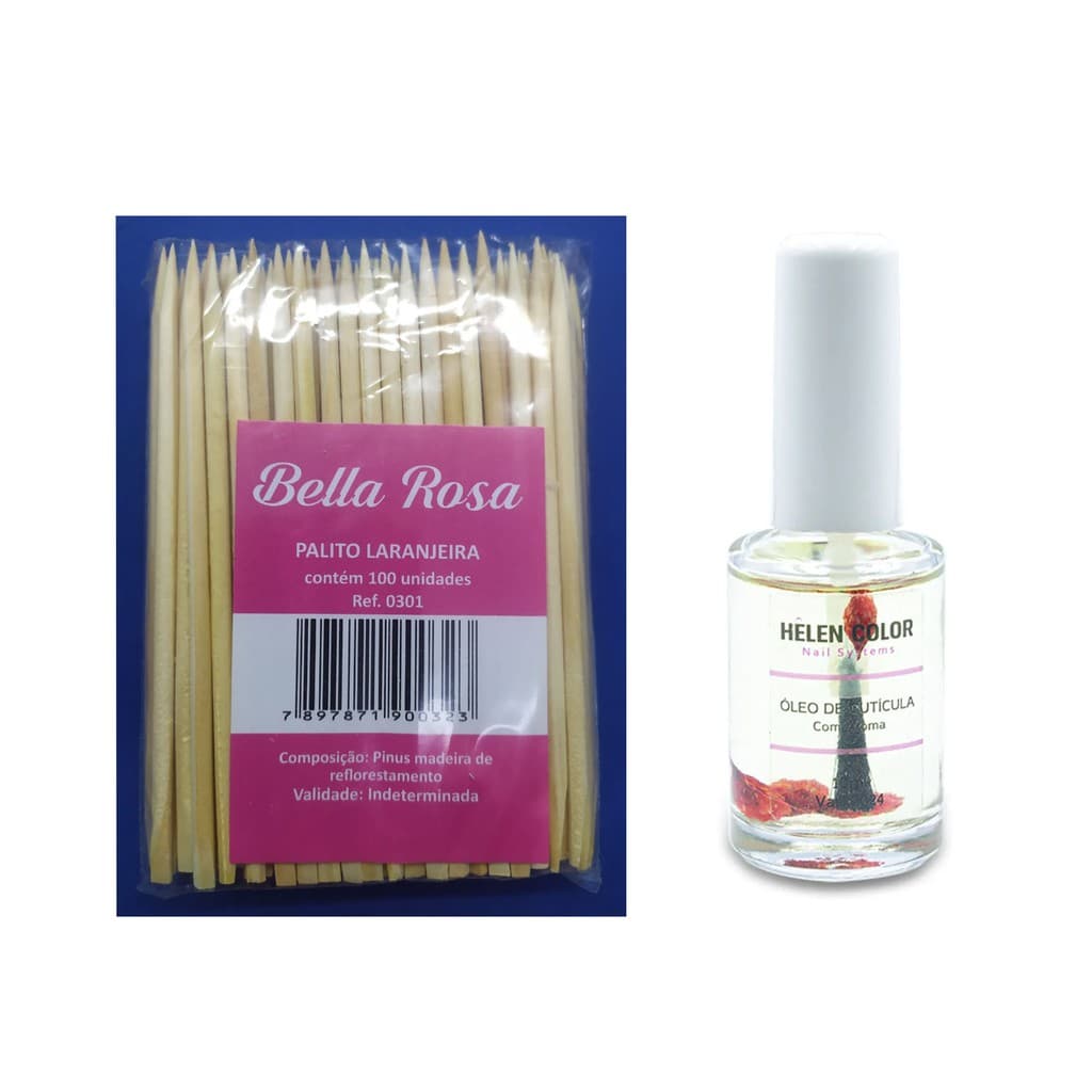 100 Palitos de laranjeira Unha Cutícula Bela Rosa - Óleo Hidratante Revitalizador Unhas Cuticula 10ml Helen Color