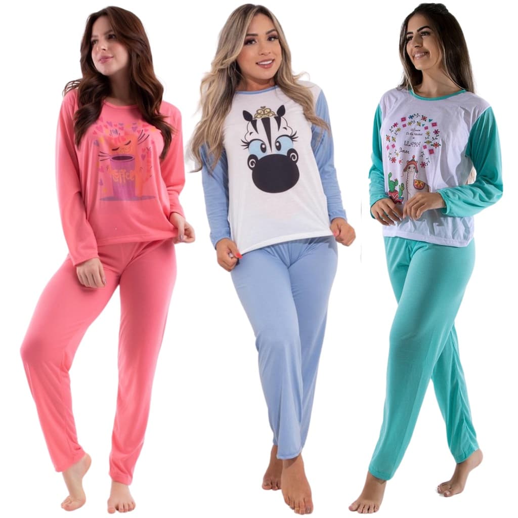 Pijama Feminino de Inverno Manga Longa Fechado Manga Comprida