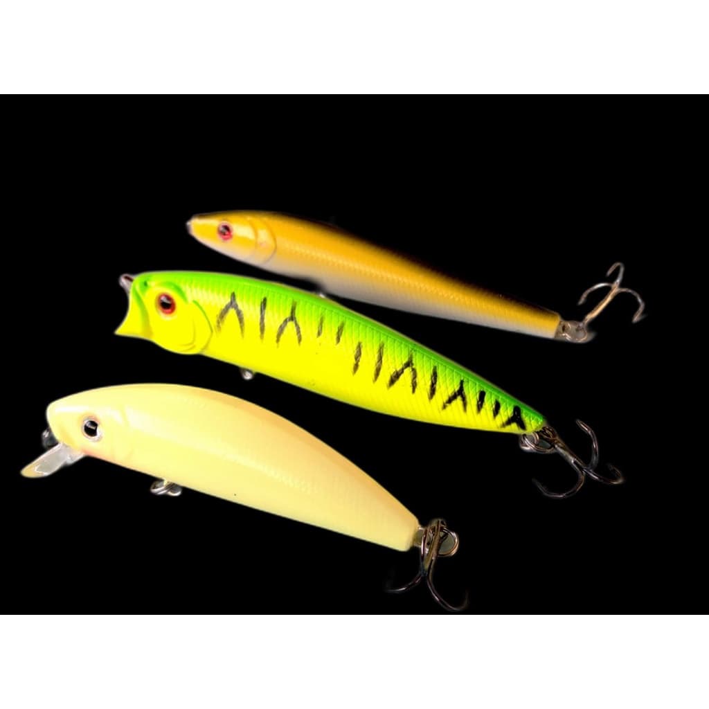 Kit com 2 Iscas Artificiais Meia Água e 1 Superfície para pesca de Robalo, Matrinxã, Tucunaré, Corvina etc...