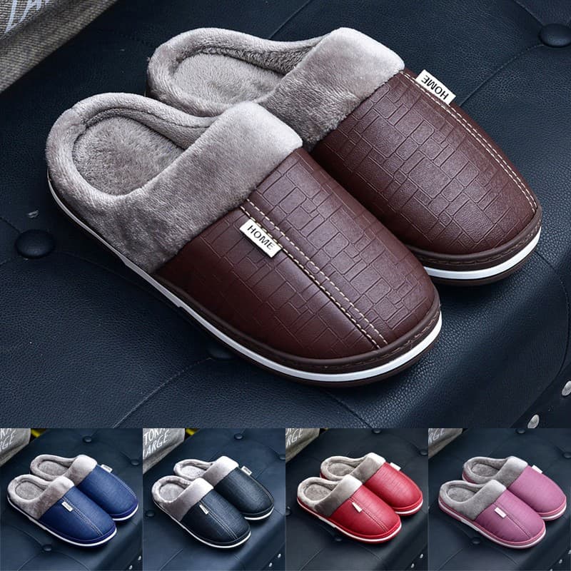 Chinelos Homens De Couro Interior De Inverno À Prova D'água Peles Quentes Mulheres Sapatos De Casal Masculino Plataforma Fofos Grandes Tamanhos