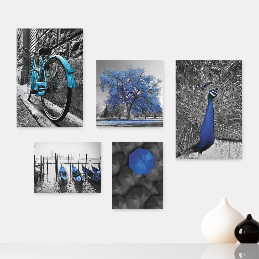 Kit 5 Quadros Decorativos Placas - Árvore - Bicicleta - Barcos - Preto e Branco com Azul - Casa Quarto Sala - 296ktpl5