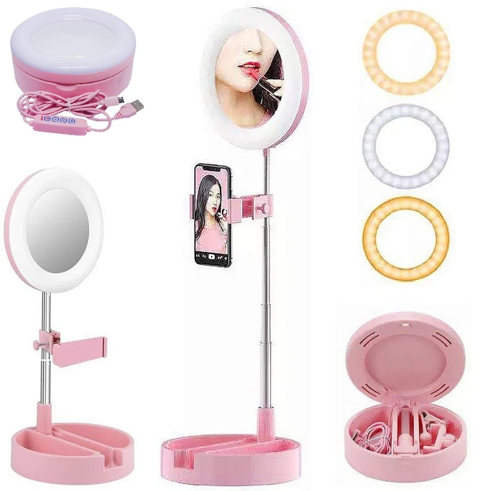 Espelho Luz Led Ring Light Iluminação Maquiagem Portátil Suporte para Celular