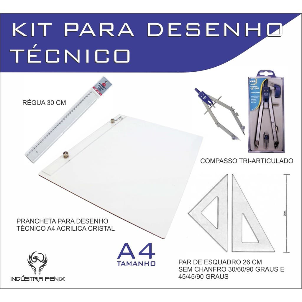 Kit Desenho Técnico Prancheta a4 Acrilico Cristal Engenharia Arquitetura Esquadro 26 cm Compasso 303