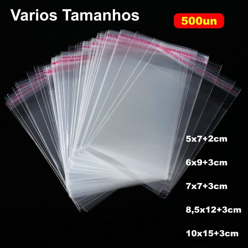 500UN Saquinho Transparente Com Adesivo Aba saco adesivado Cristal 5x7 6x9 7x7 8,5x12 10x15