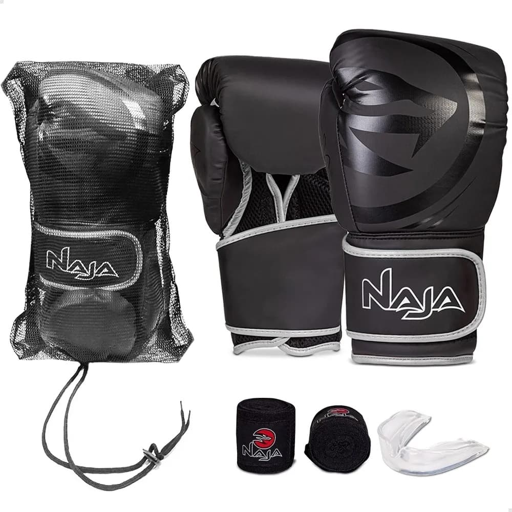 Kit Naja Luva de Boxe Black Line + Bandagem + Protetor Bucal + Bolsa