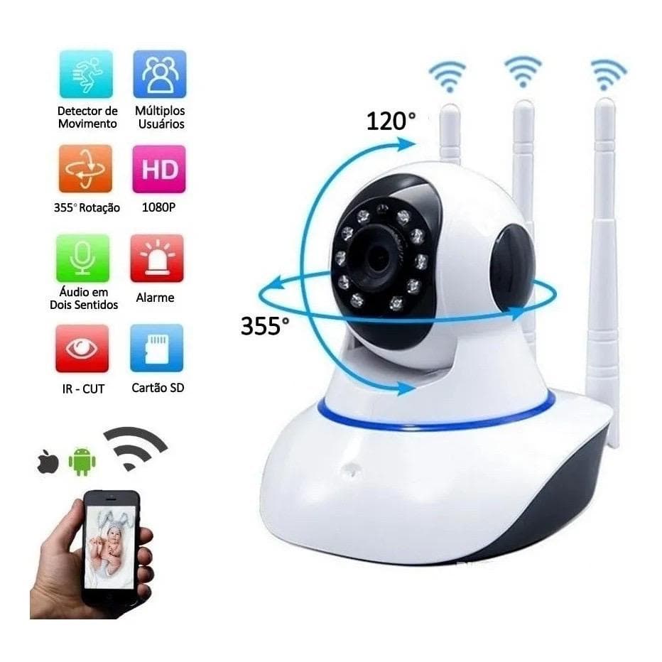 câmera segurança iP wifi robô 3 antenas Sistema visão noturna full HD 360º