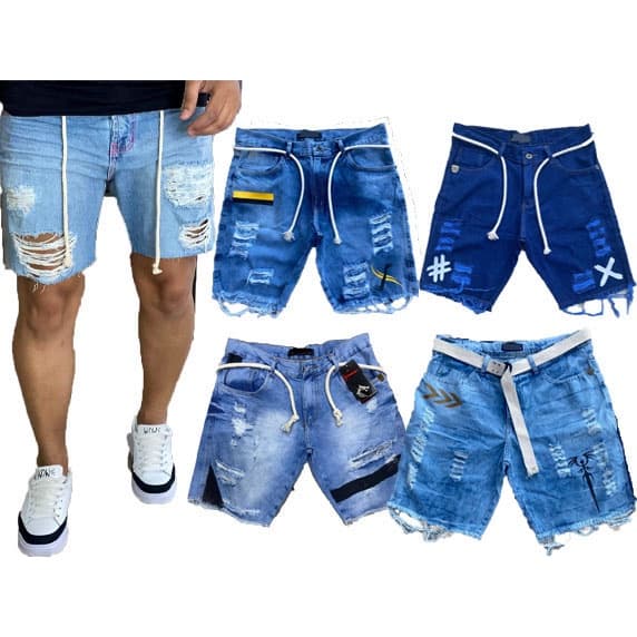 kit 3 bermudas jeans masculina curta destroyed promocao varias mo