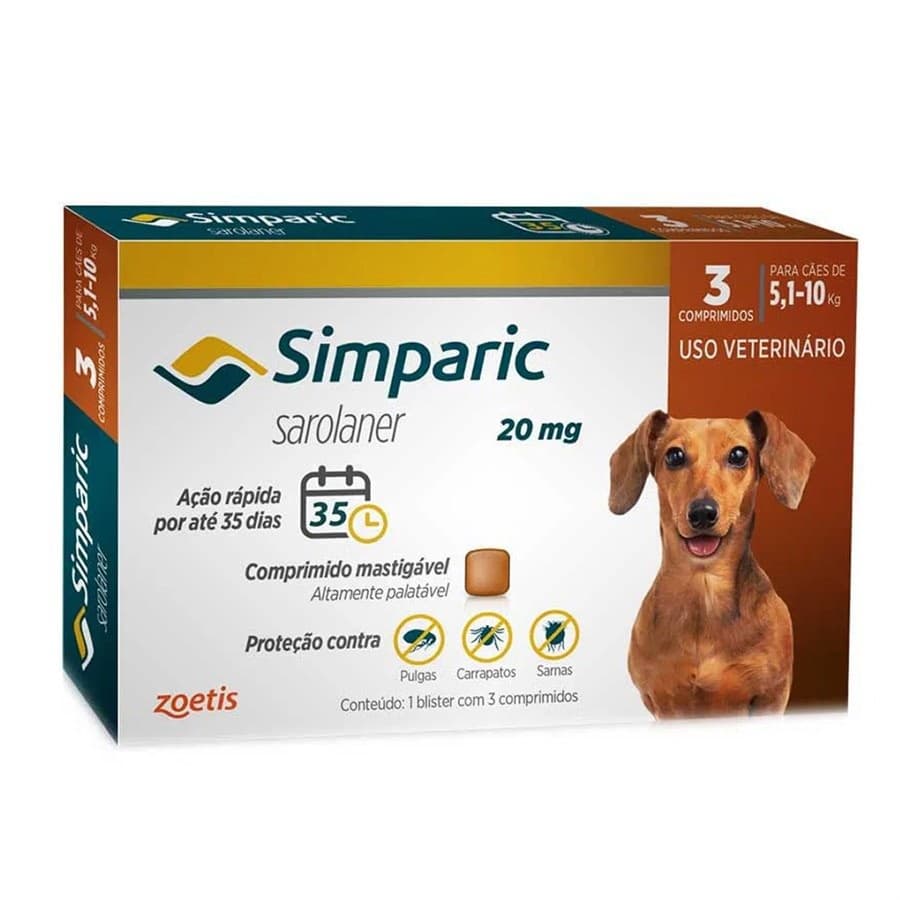 Simparic 20mg 3 Comprimidos - Cães de 5,1 a 10 kg - Zoetis Original