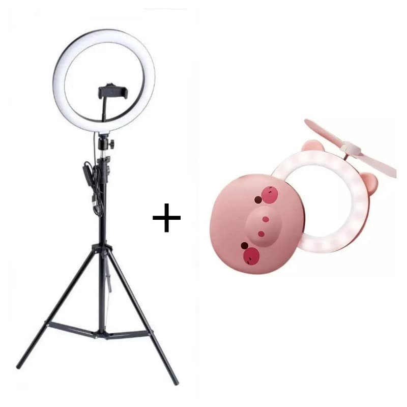 Kit ring light 26 cm com tripé de 2,10 metros + 1 mini ring light com espelho e ventilador.