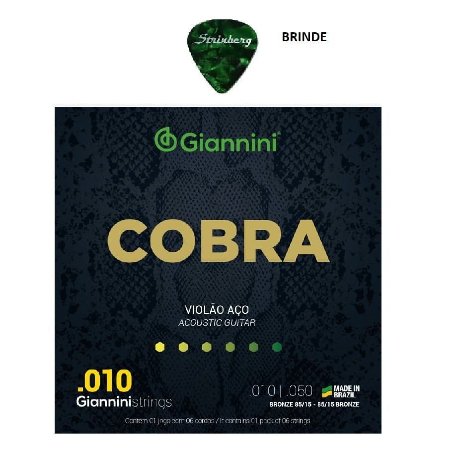 Encordoamento 6 Cordas Violão Aço 010 Bronze Cobra e 1 Palheta