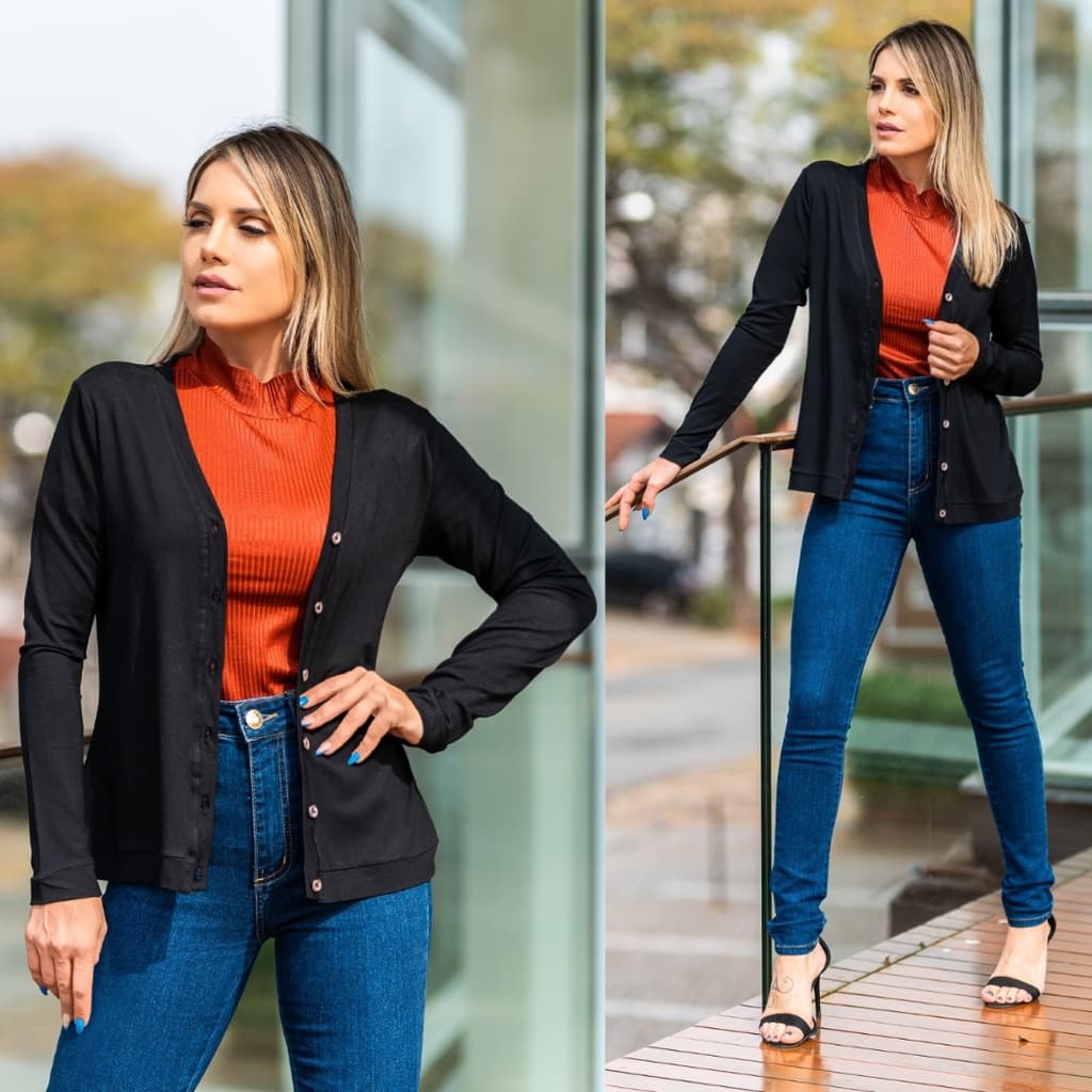 Casaco Casaquinho Cardigan Feminino Blusa  Sueter Botões Dourados Abre e Fecha