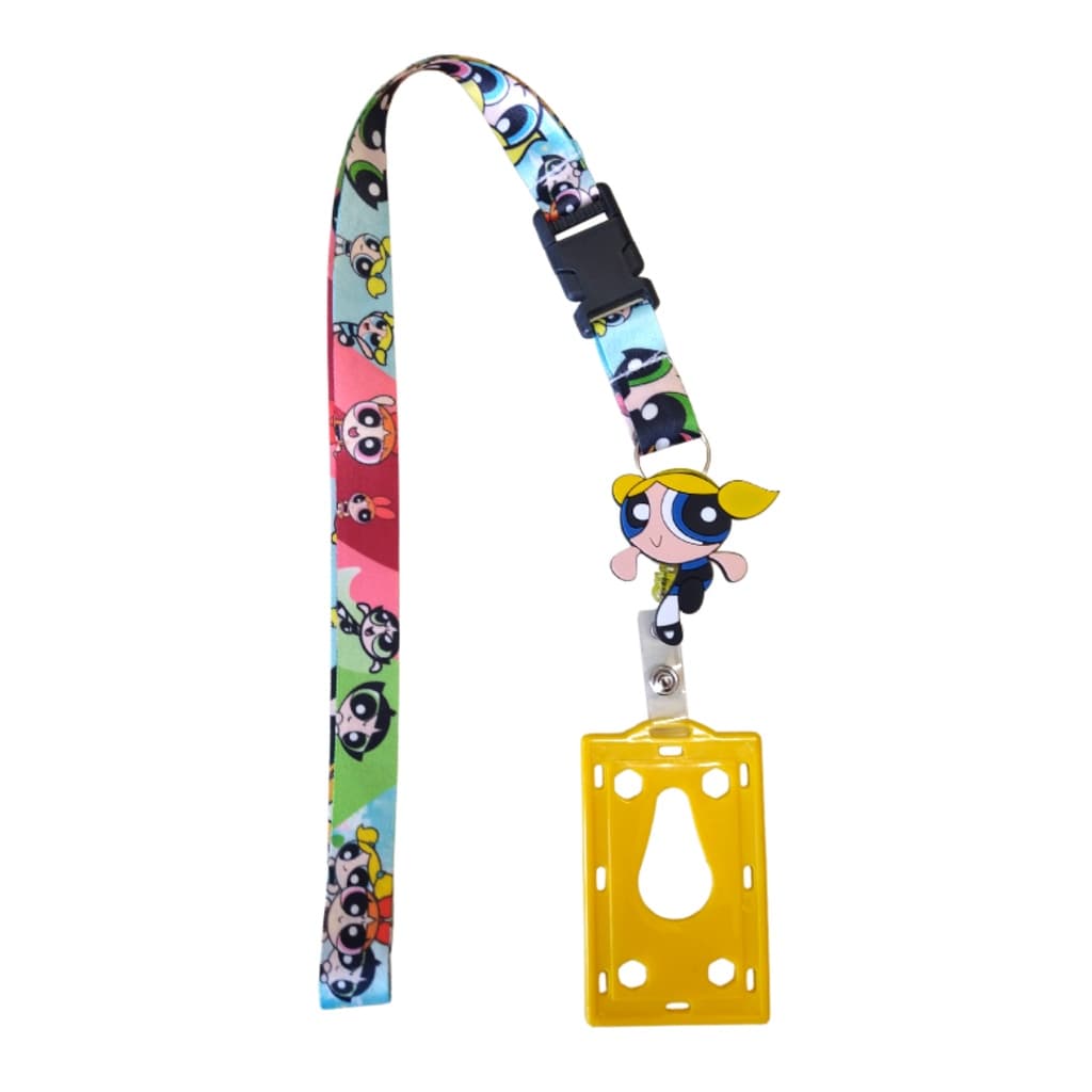 Kit Cordão para Pescoço As Meninas Super Poderosas com Fecho Engate Rápido para Chave Crachá Chaveiro + Porta Crachá Retrátil Personalizado As Meninas Super Poderosas - Lindinha + Porta Cartão Amarelo