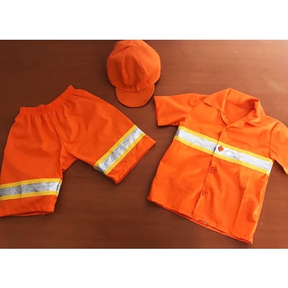 Fantasia Gari Infantil laranja neon lixeiro reciclagem camiseta bermuda e boné festa infantil carnaval festa a fantasia