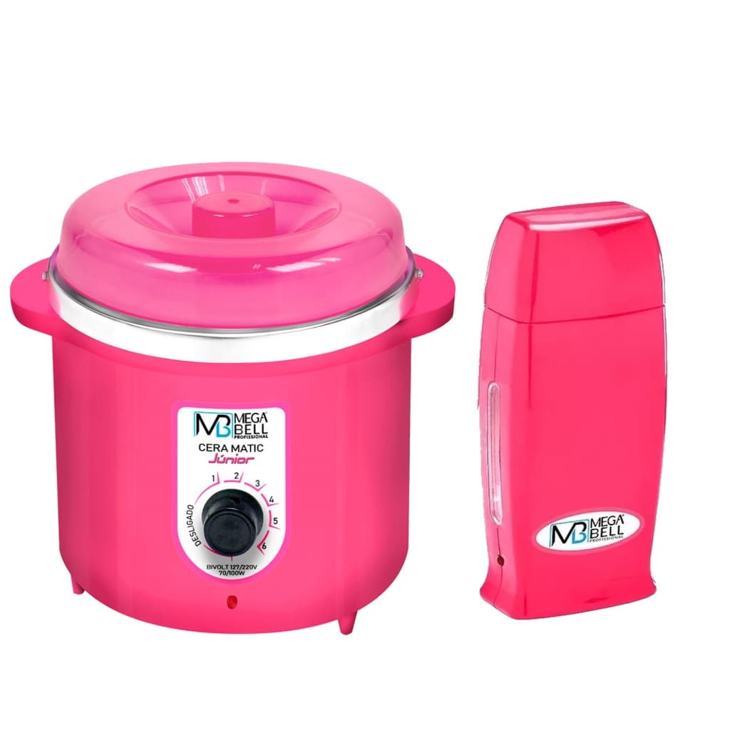 Kit Depilação Termocera 400gr Sem Refil Toda Rosa + Aquecedor de Cera Roll-on Todo Rosa Mega Bell