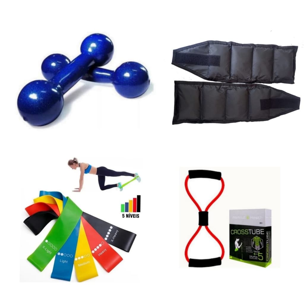 Kit Fisioterapia Treino Par Halter 0.50 Kg (meio kg) + Par Caneleira 1 Kg + Kit Theraband + Elástico Multifuncional