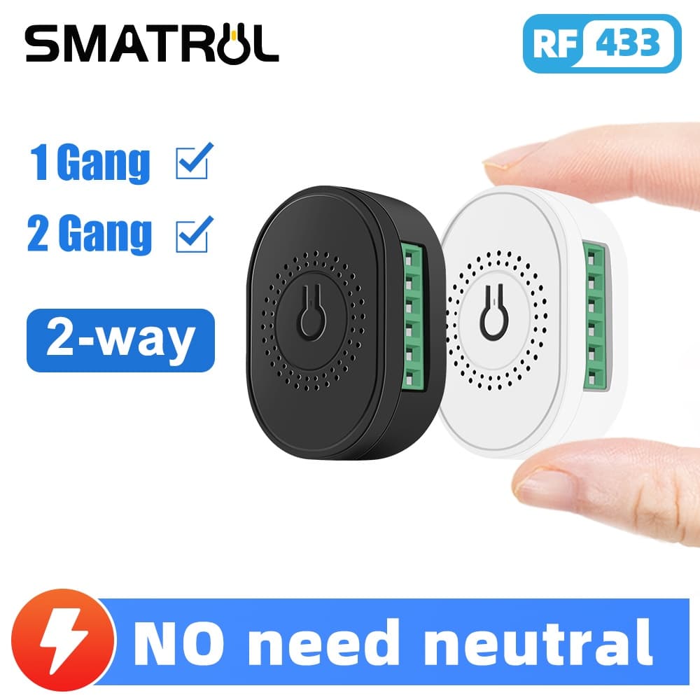 SMATRUL No Fio Neutro 1/2 Gang 2 Maneira RF 433 Mhz Interruptor De Luz Mini Módulo Inteligente Sem Em Casa De Controle Elétrico Parede Off Br