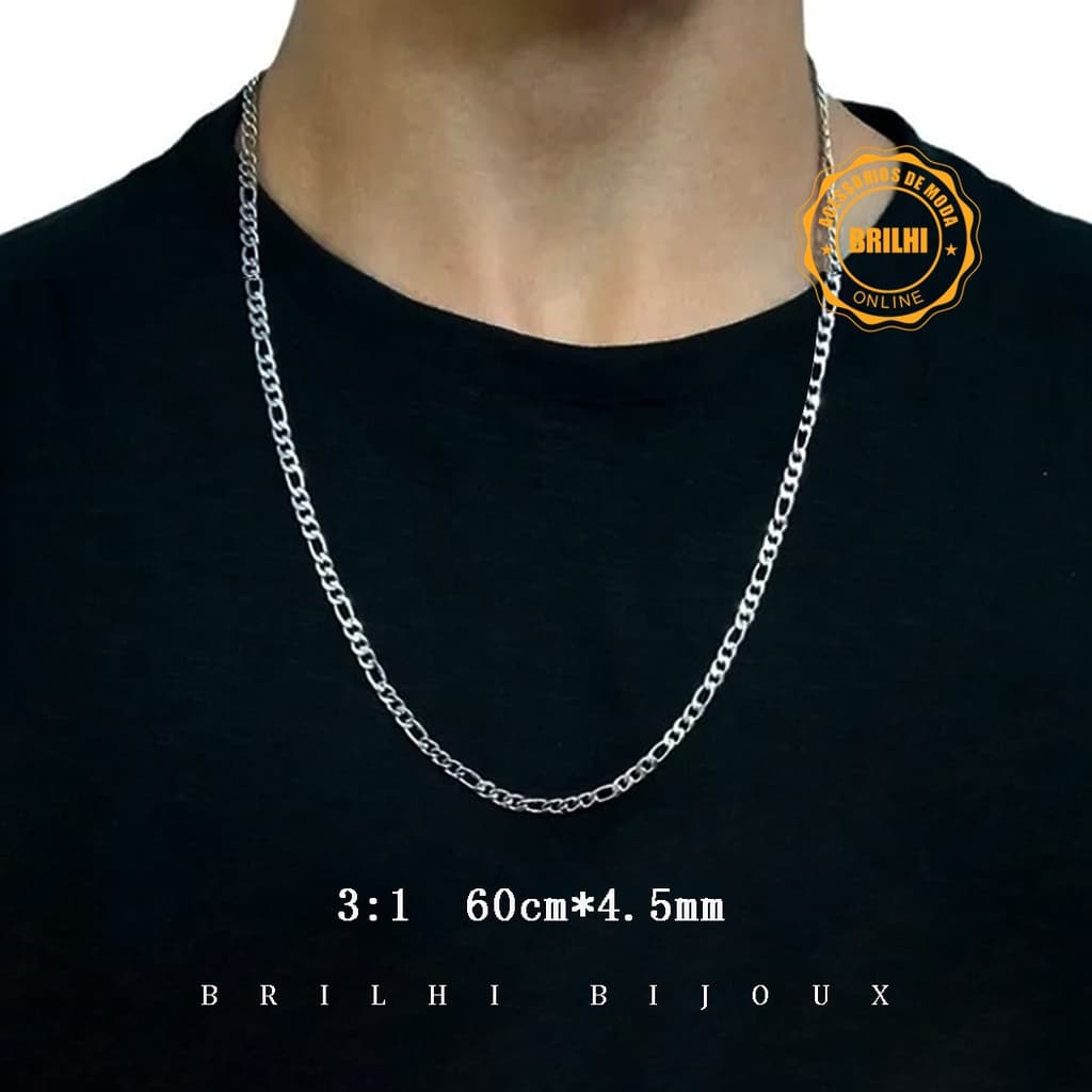 Corrente Masculina fininha Grumet 60cm Aço Inox Prata polida brilhante não escurece não enferruja
