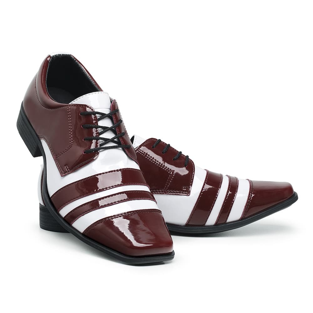 Sapato Social Masculino Italiano 840 Bordô Branco Conforto Casual Verniz Brilho Moderno Casamento
