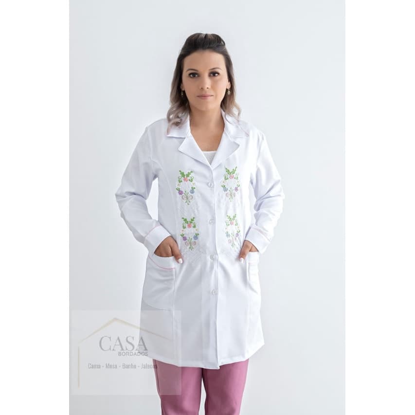 Jaleco Feminino C/ Manga Branco Bordado 022  - ÓTIMA QUALIDADE