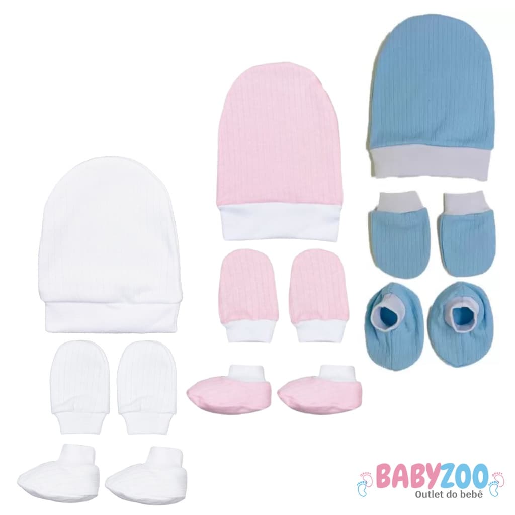 Kit Touca Meia e Luva - 100% Algodão - Enxoval bebê Barato