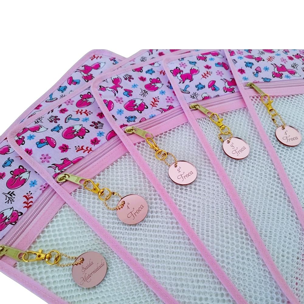Saquinho Maternidade Organizador Bolsa Maternidade Pingente Rose Kit 5 Unidades + 5 Pingentes Rose