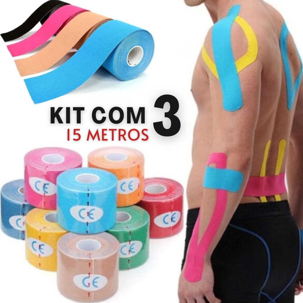 Kit 3x fita elástica bandagem funcional kinesiotape 15m esporte fisioterapia reabilitação