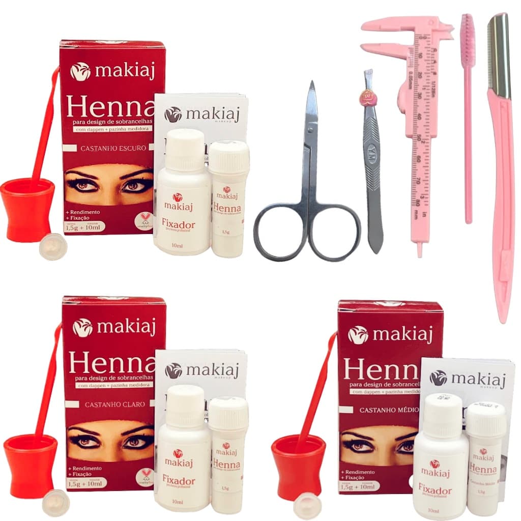 Kit Design Sobrancelha 3 Henna Makiaj Com Fixador de Rena Tesoura Pinca Navalha Paquimetro e Escova