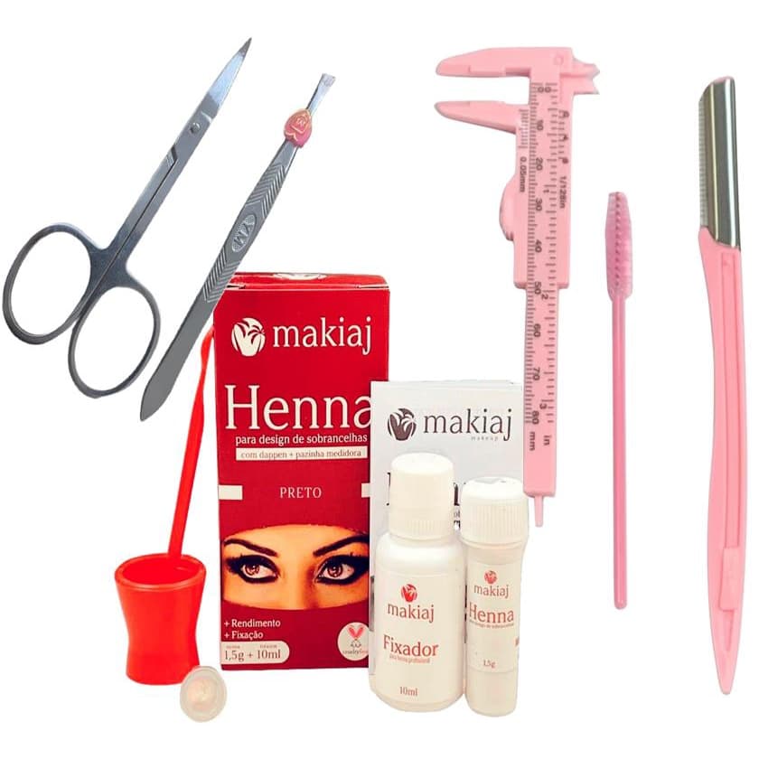 kit designer sobrancelhas completo henna makiaj com paquimetro tesoura pinca navalha escovinha