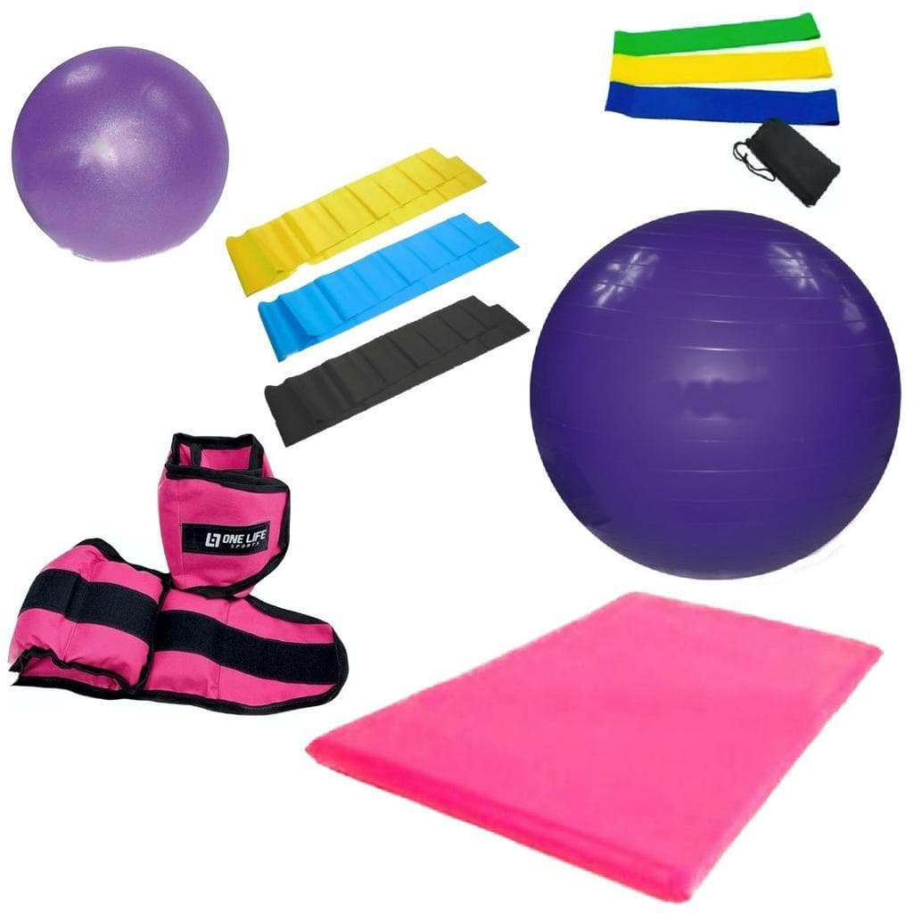 kit Pilates - Caneleira 01kg Rosa + Overball 25cm + Colchonete Rosa + Kit mini Band + Kit Faixa + Bola 65cm