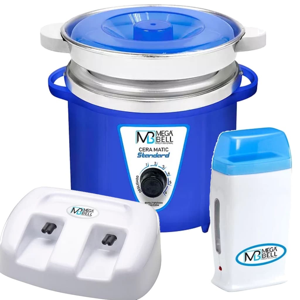 Termocera Panela Depilação Toda Azul 900g c/ Refil + Base Dupla c/ 1 Rollon Branco c/ Azul Mega Bell