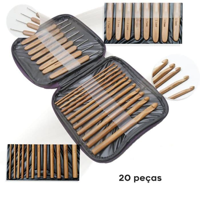 Kit Com 20 Agulhas Para Croche Cabo De Bambu + Estojo