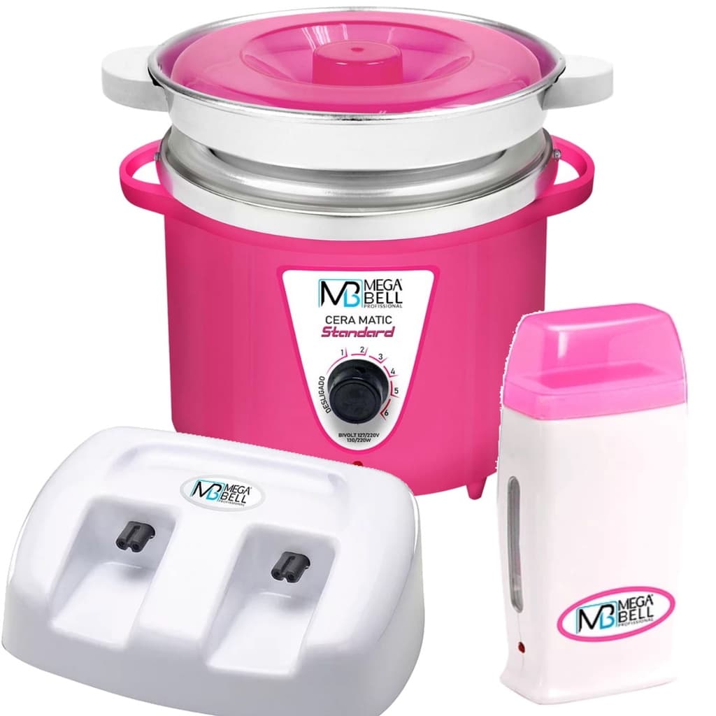 Termocera Panela Depilação Toda Rosa 900g c/ Refil + Base Dupla c/ 1 Rollon Branco c/ Rosa Mega Bell