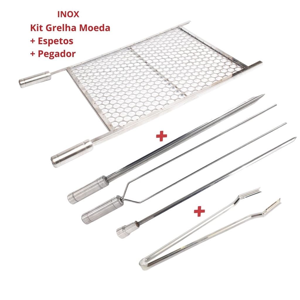 Kit Grelha Inox 70x40 E 4 Espetos E Pegador Carnes Churrasco