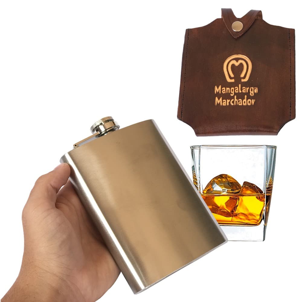 Cantil Inox 210ml + Capa Porta Cantil De Couro Mangalarga Marchador Cantil Country Porta Bebida
