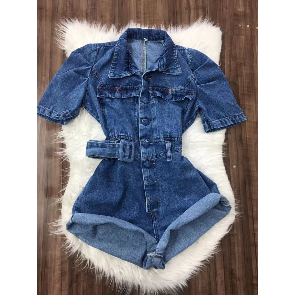 Macaquinho Jeans Sem Lycra Com Botão Feminina Com Manga Curta Princesa