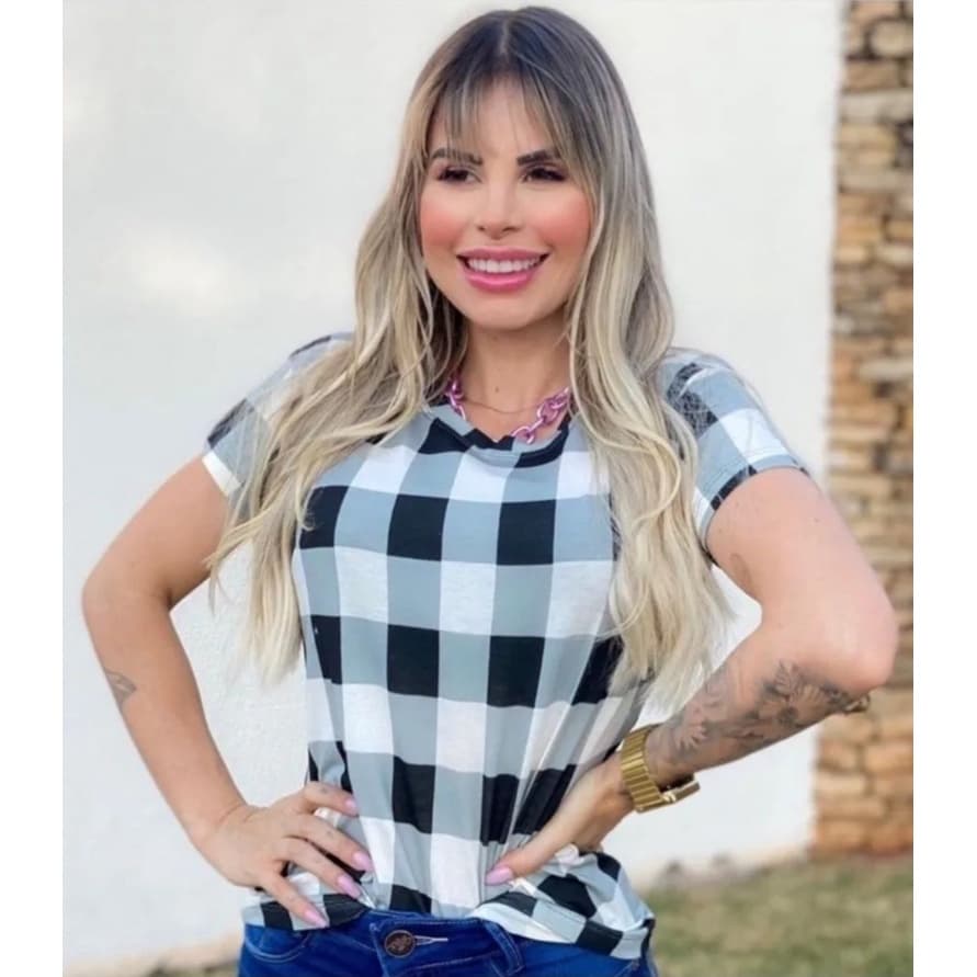 Camisa Blusinha Feminina Xadrez Manga Curta  Blogueirinha Oferta Relâmpago Top
