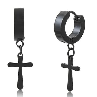 Brinco Masculino Argola Cruz Aço Preto E Prata Inox Par