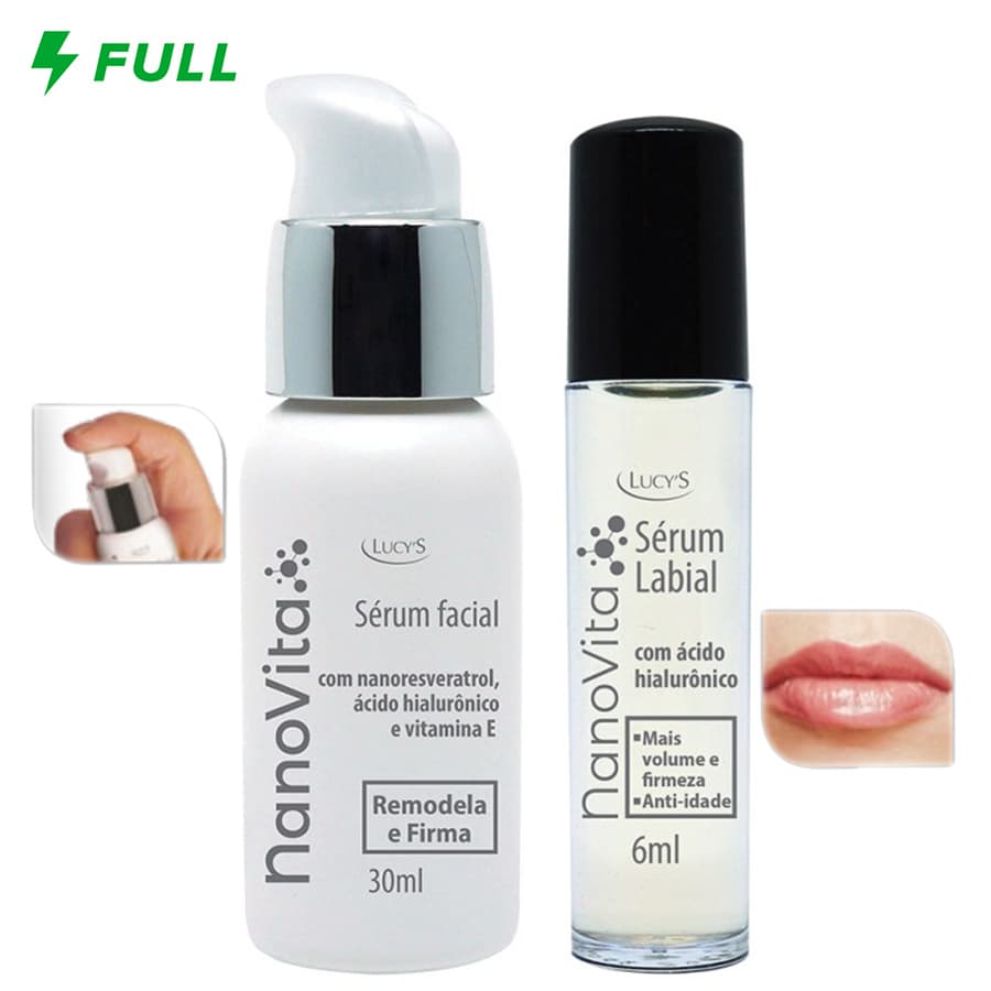 Sérum FACIAL Nanovita Anti Rugas 30ml + Sérum GLOSS Preenchimento LABIAL 6ml Ácido Hialurônico (NanoVita Rejuvenece