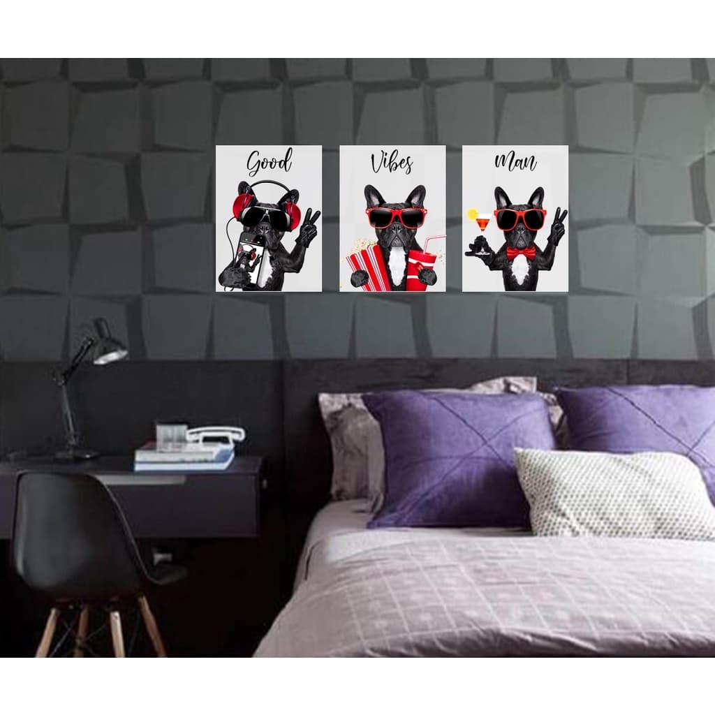 Kit 3 Quadros Decorativos Bulldog Frase "Good Vibes Man" A4 / Quadro para Decoração / Quadro Divertido / Quadro Bulldog / Quadros Decorativos / Quadro para Quarto/Sala / Sala8