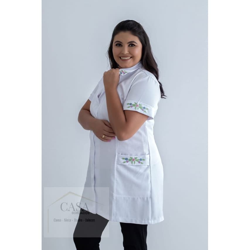 Jaleco Feminino Branco Bordado - Meia Manga REF:976A