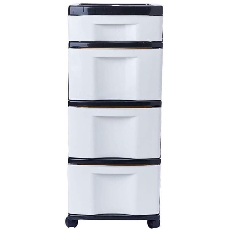 Gaveteiro branco com 3 gavetas grandes e 1 pequena com a estrutura preta