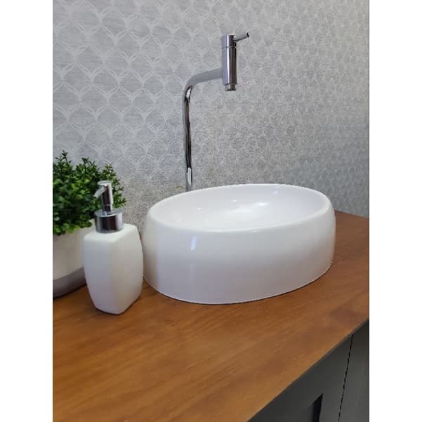 Kit cuba Pia Banheiro Modelo Girassol 39x29cm apoio sobrepor + Torneira de bancada Luxo 1/4 volta
