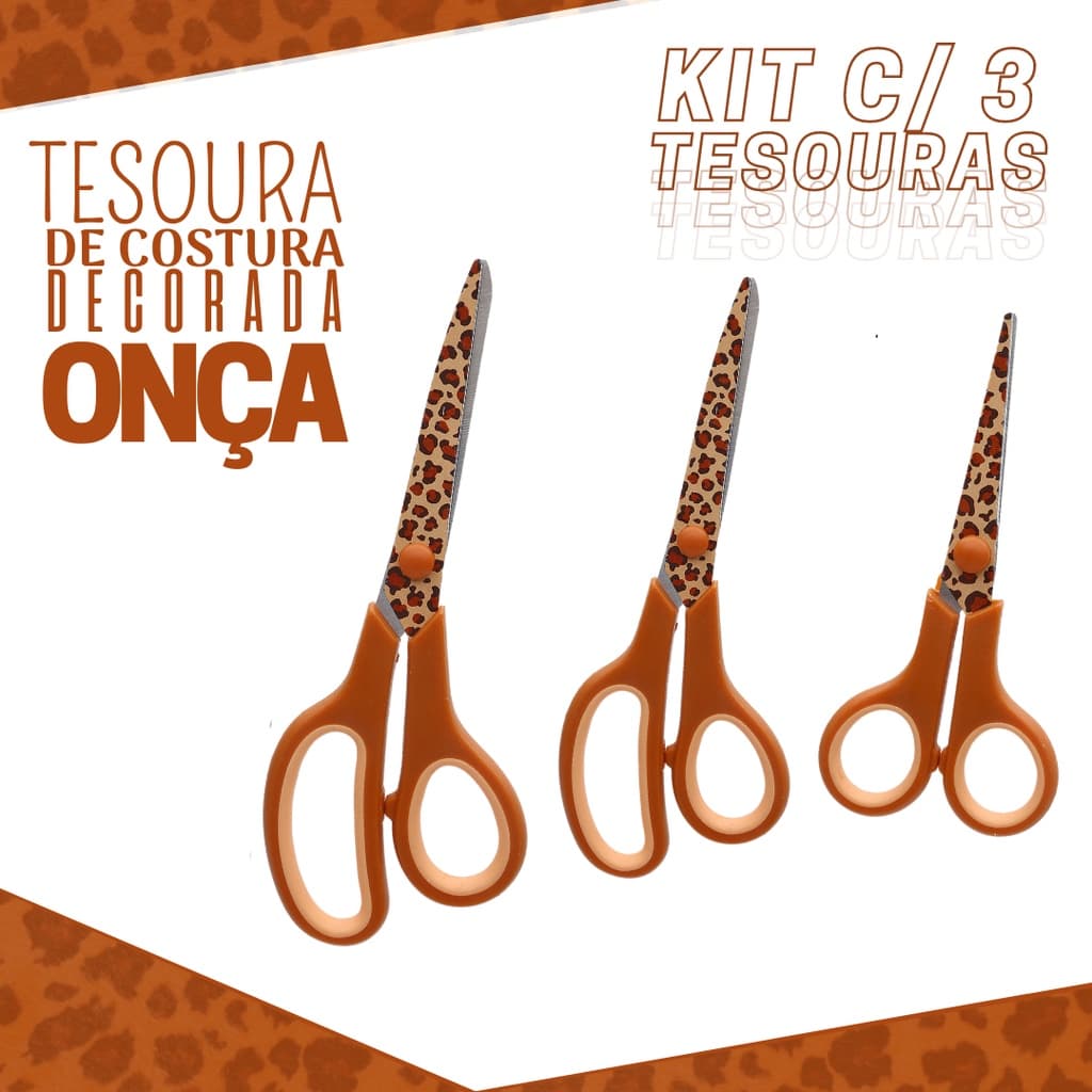 Tesoura De Costura Decorada Onça - Kit Com 03 Unidades - Kaftor