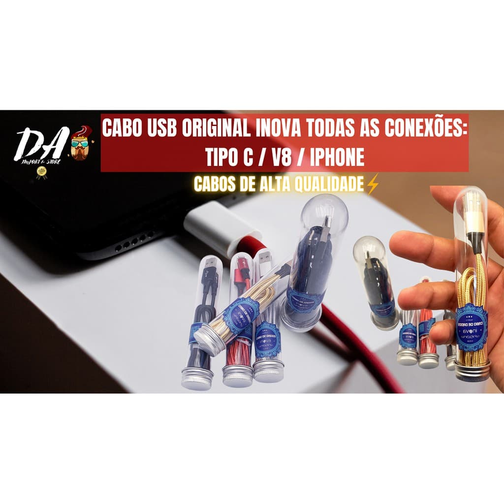 Cabo USB Carregador USB Tipo C / V8 / Lightnin iPHONE
