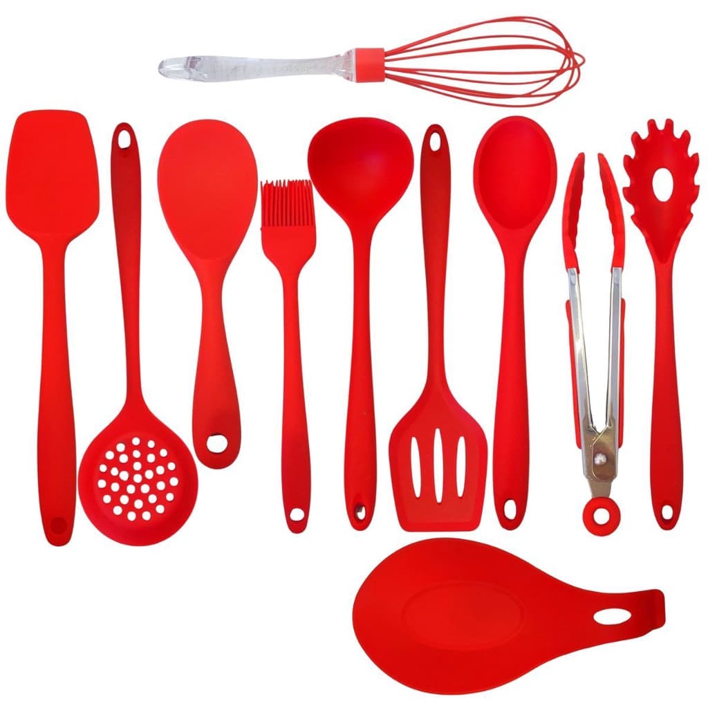 Monte Seu Kit Utensilios Silicone Maciço Pegador De Alimentos Inox Vermelho Nylon Colher de Arroz Concha Espátula Vazada Descanso de Colher Pincel de Silicone