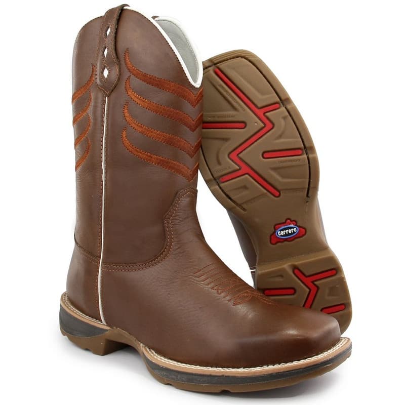 Bota Texana Country Couro Bordada Sola Jump Bico Quadrado