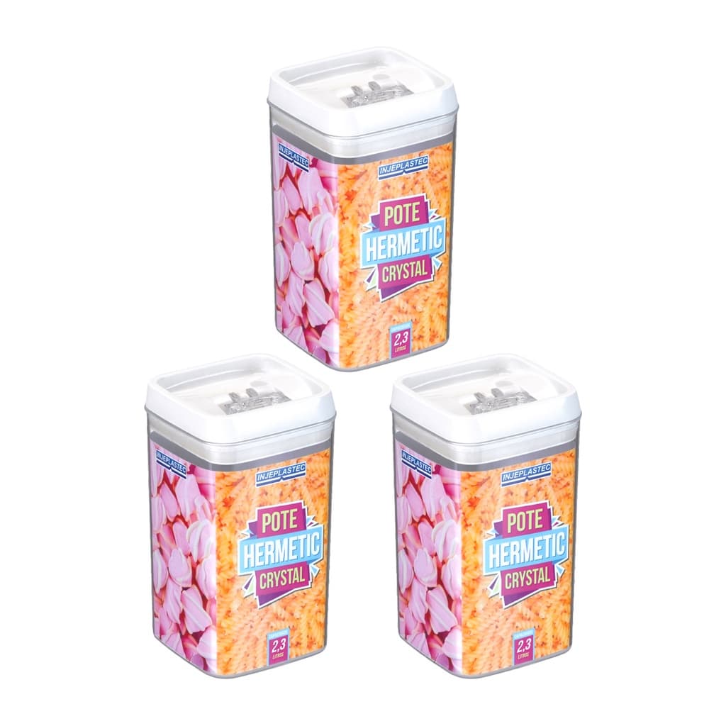 Kit 3 Potes Mantimentos Hermético Quadrado Acrílico de 2,3 Litros