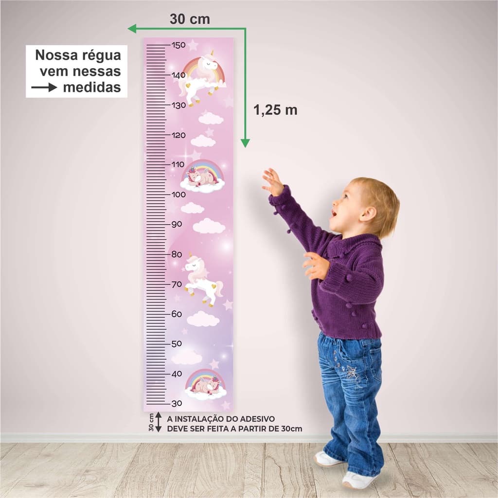 Régua de Crescimento Unicórnios e Nuvens No Céu Rosa
