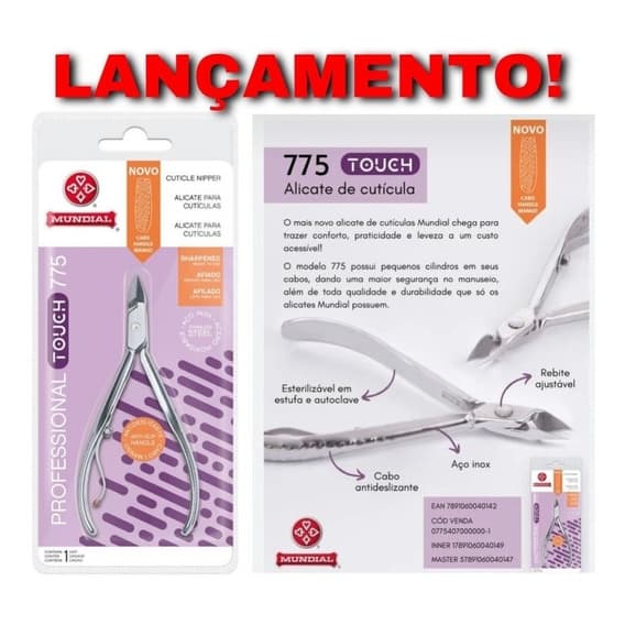 Alicate 775 Mundial Lançamento de Cutícula Cabo antideslizante e Ponta Longa Manicure