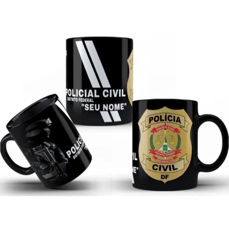 Caneca de Cerâmica Preta Polícia Civil  DF Personalizada com Caixinha